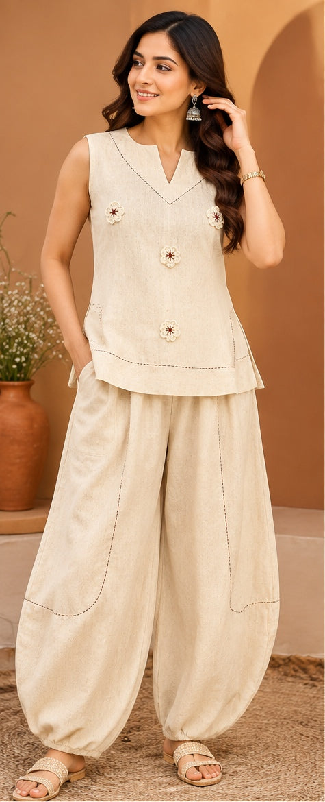 Women’s Ivory Embroidered Sleeveless Co-Ord Set