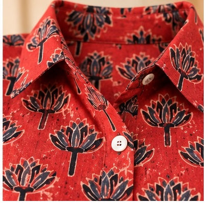 Red Floral Handblock Cotton Printed Shirt with Blue Contrast Back
