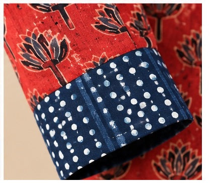 Red Floral Handblock Cotton Printed Shirt with Blue Contrast Back