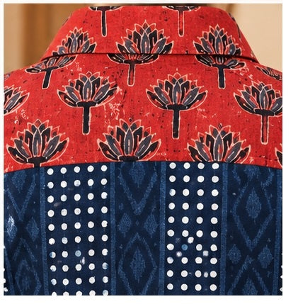 Red Floral Handblock Cotton Printed Shirt with Blue Contrast Back