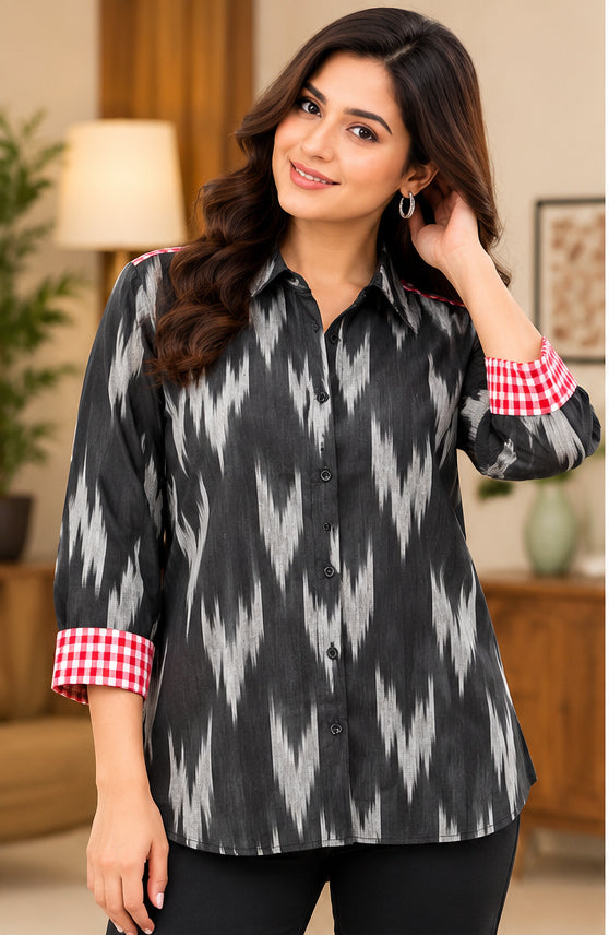 Women’s Black & Grey Ikat Cotton Printed Shirt with Contrast Cuffs