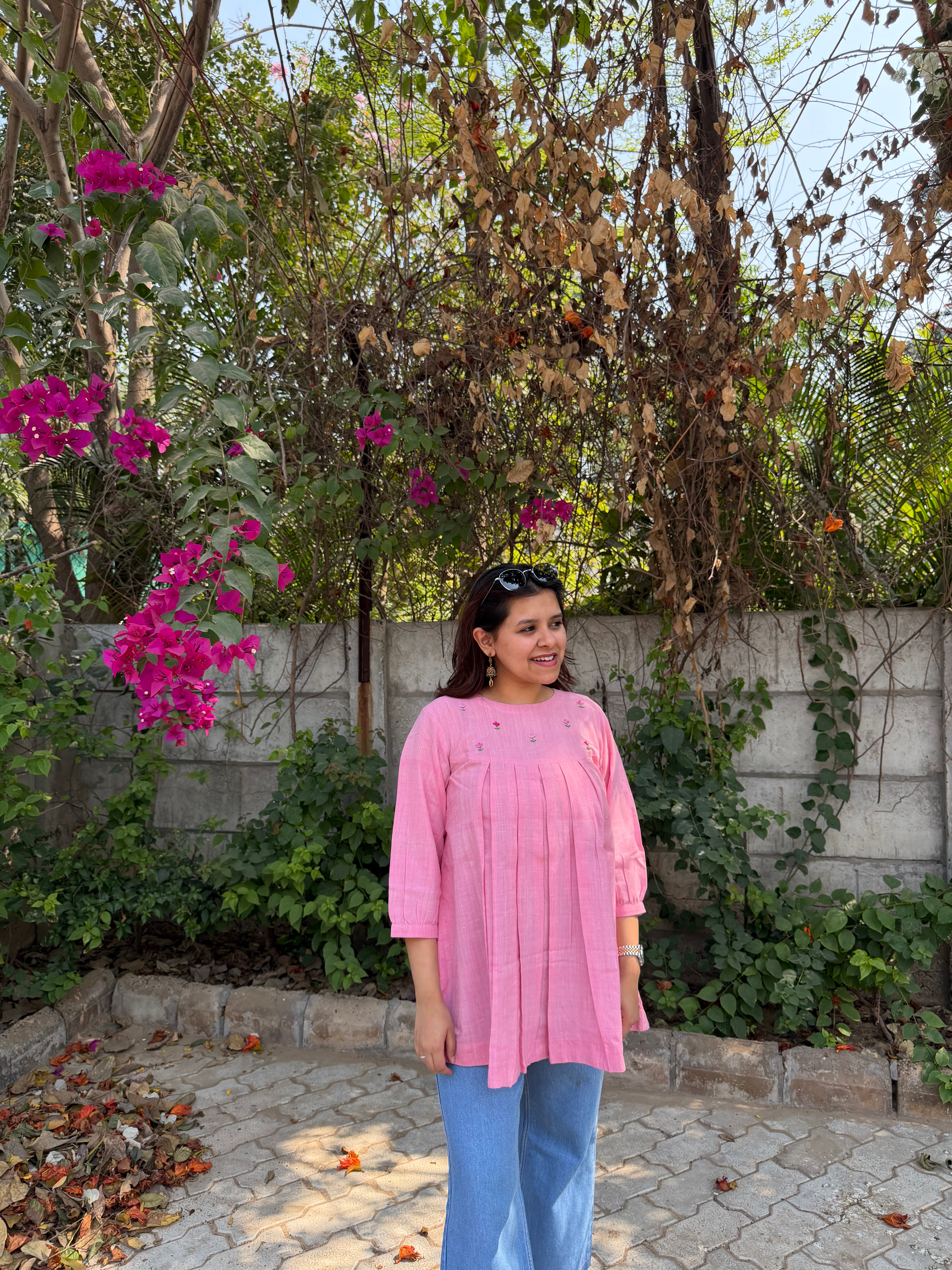 Khadi Cotton Embroidered Pink Tunic – 28”