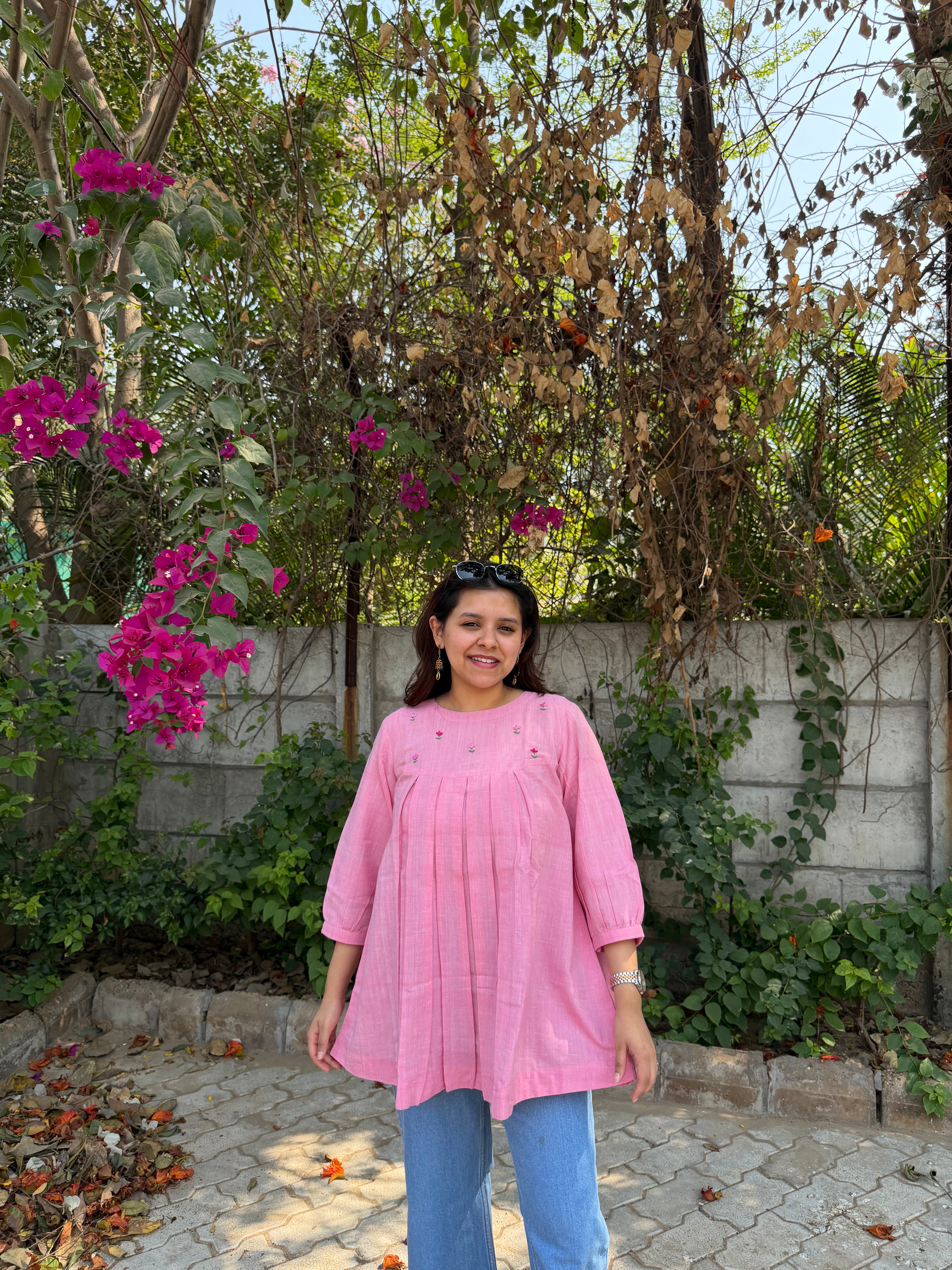 Khadi Cotton Embroidered Pink Tunic – 28”