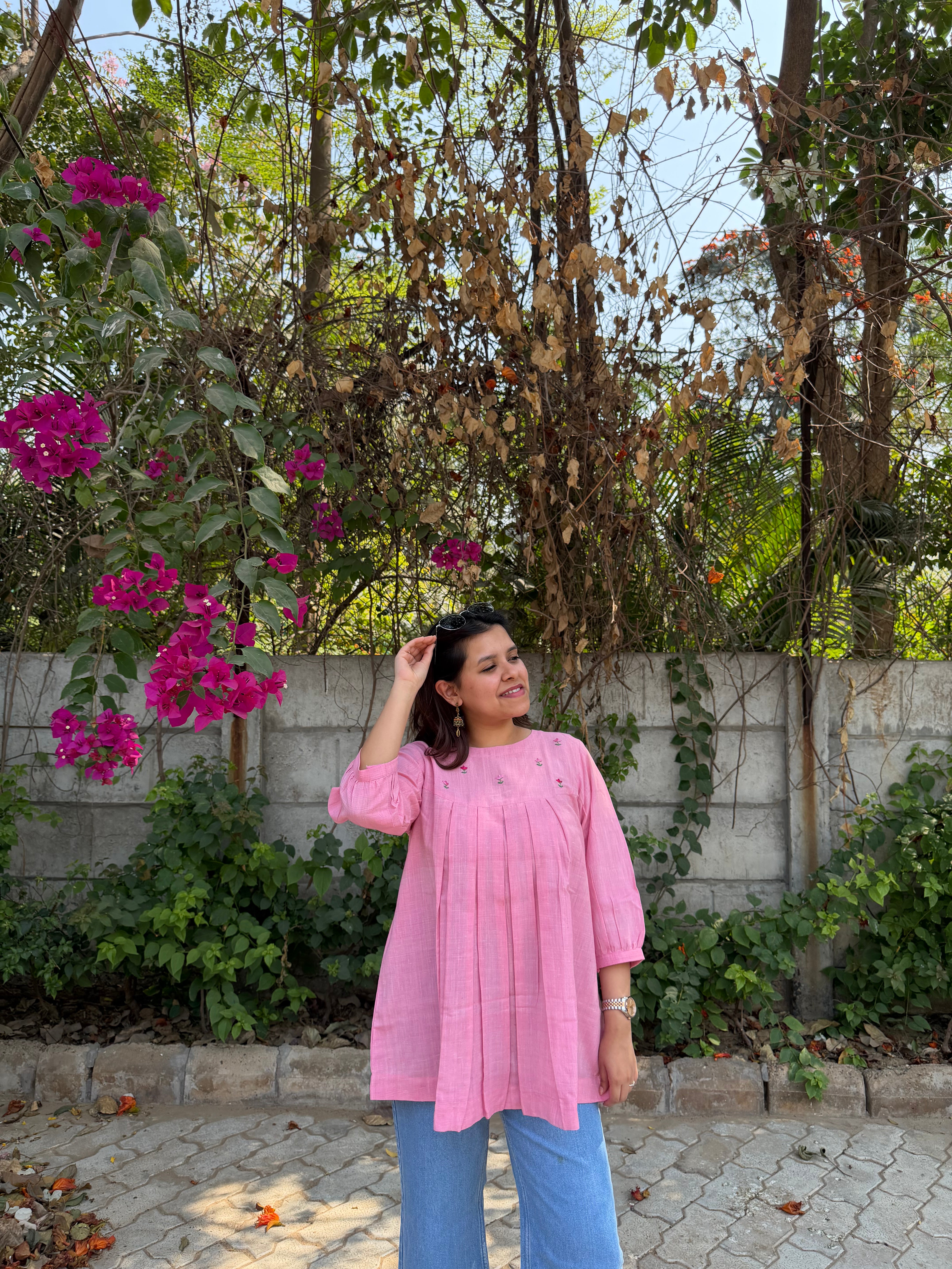 Khadi Cotton Embroidered Pink Tunic – 28”