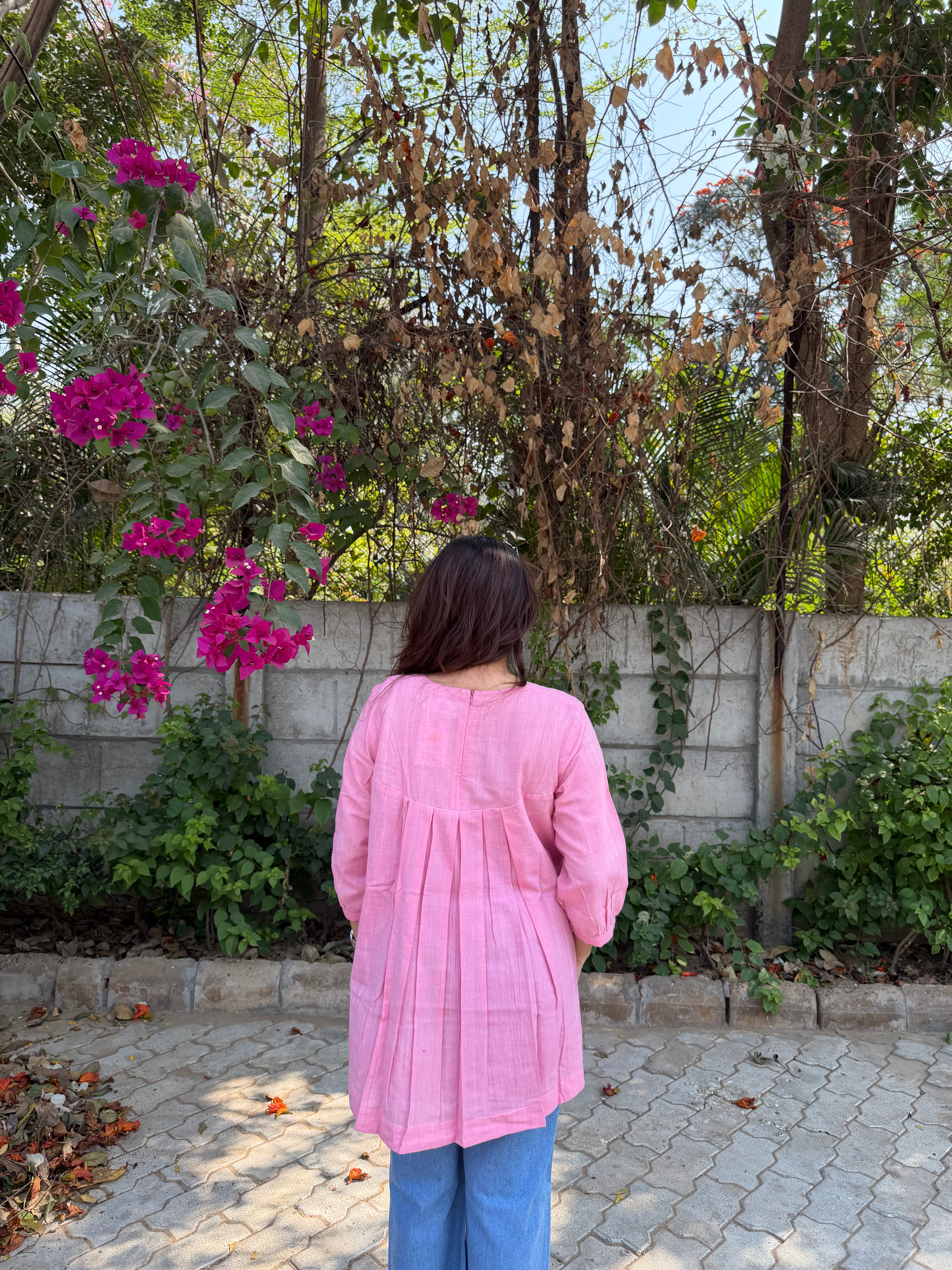 Khadi Cotton Embroidered Pink Tunic – 28”