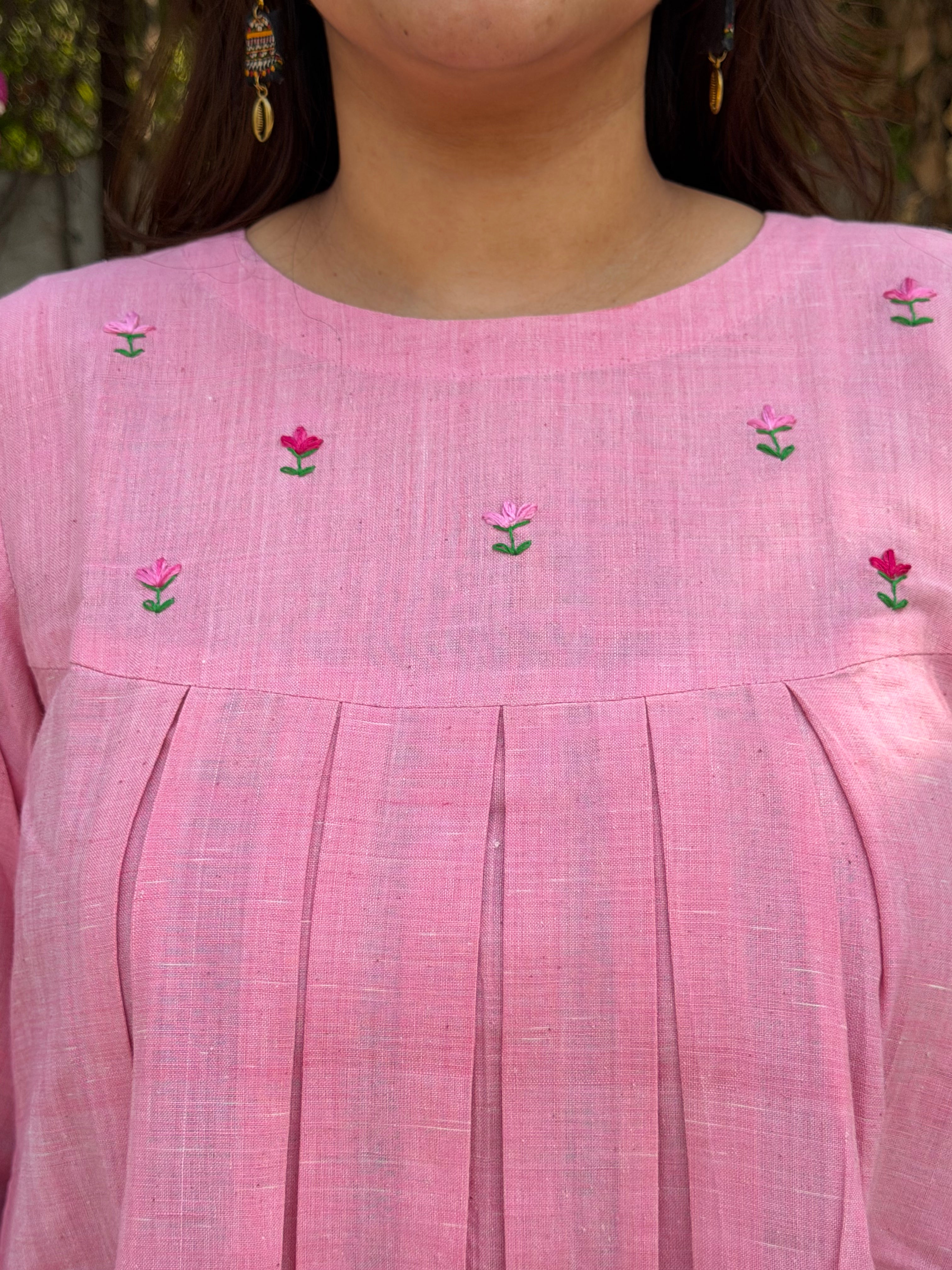 Khadi Cotton Embroidered Pink Tunic – 28”