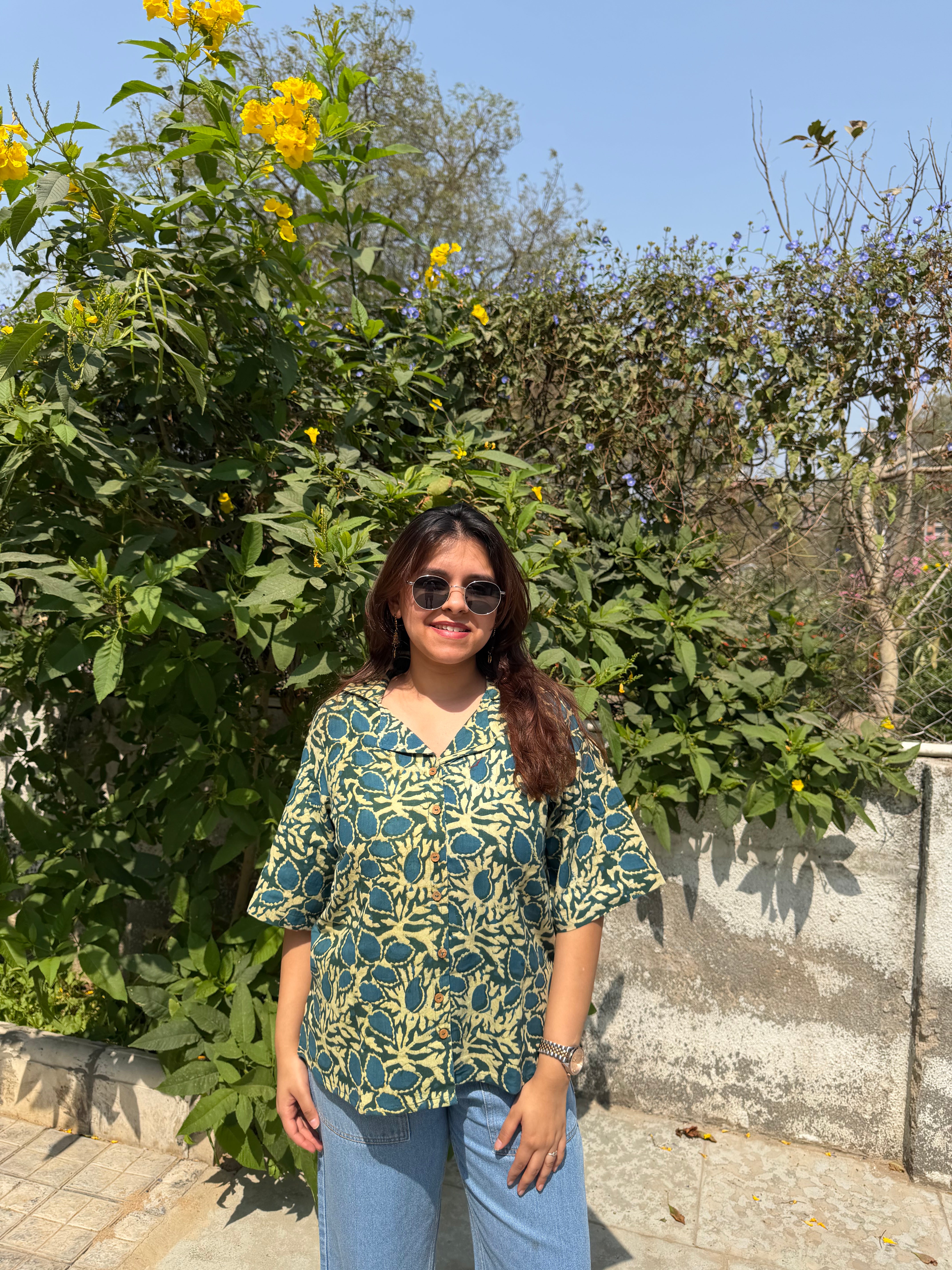 Handblock Khadi Top – Green & Blue | 24”