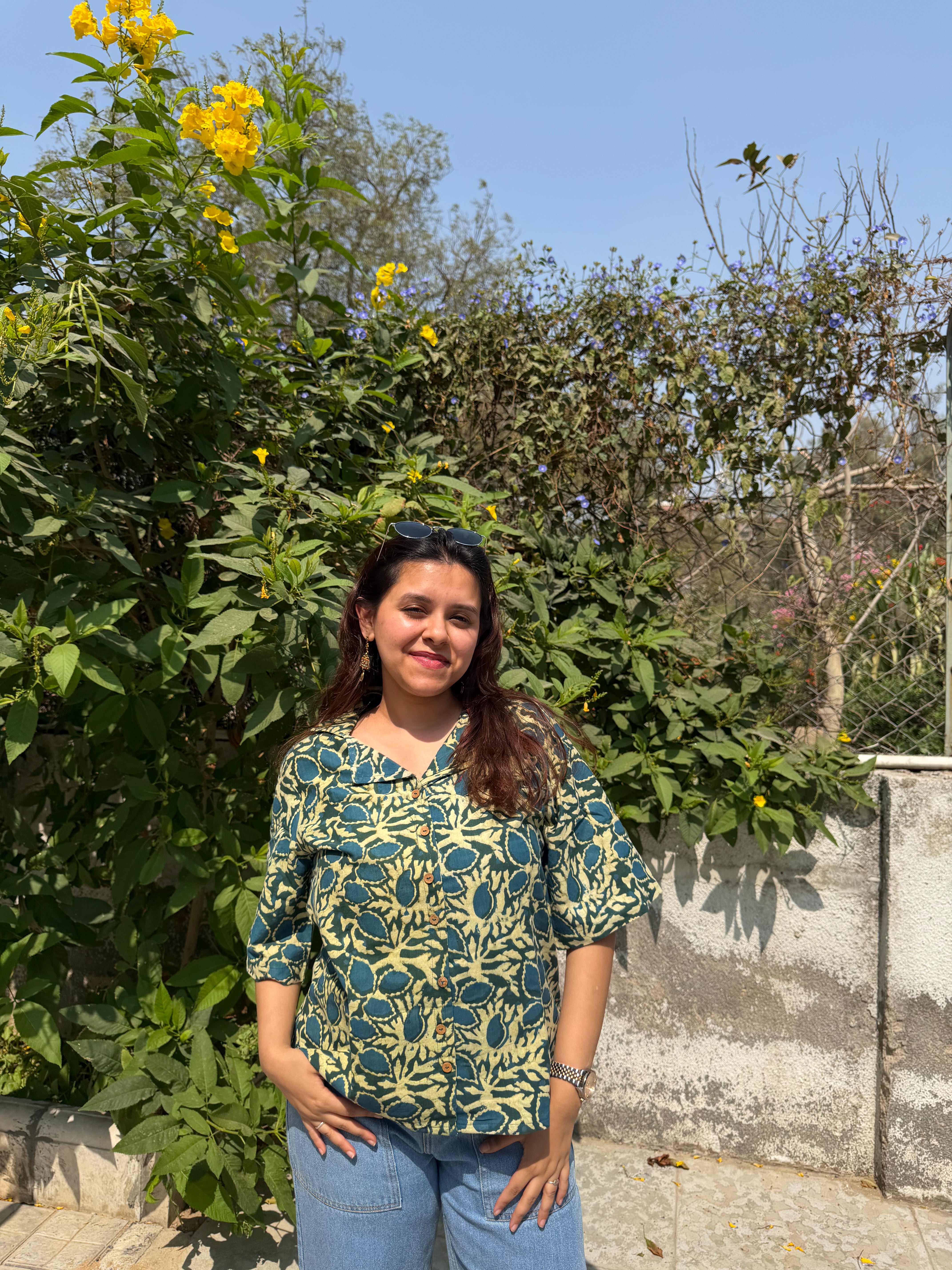 Handblock Khadi Top – Green & Blue | 24”