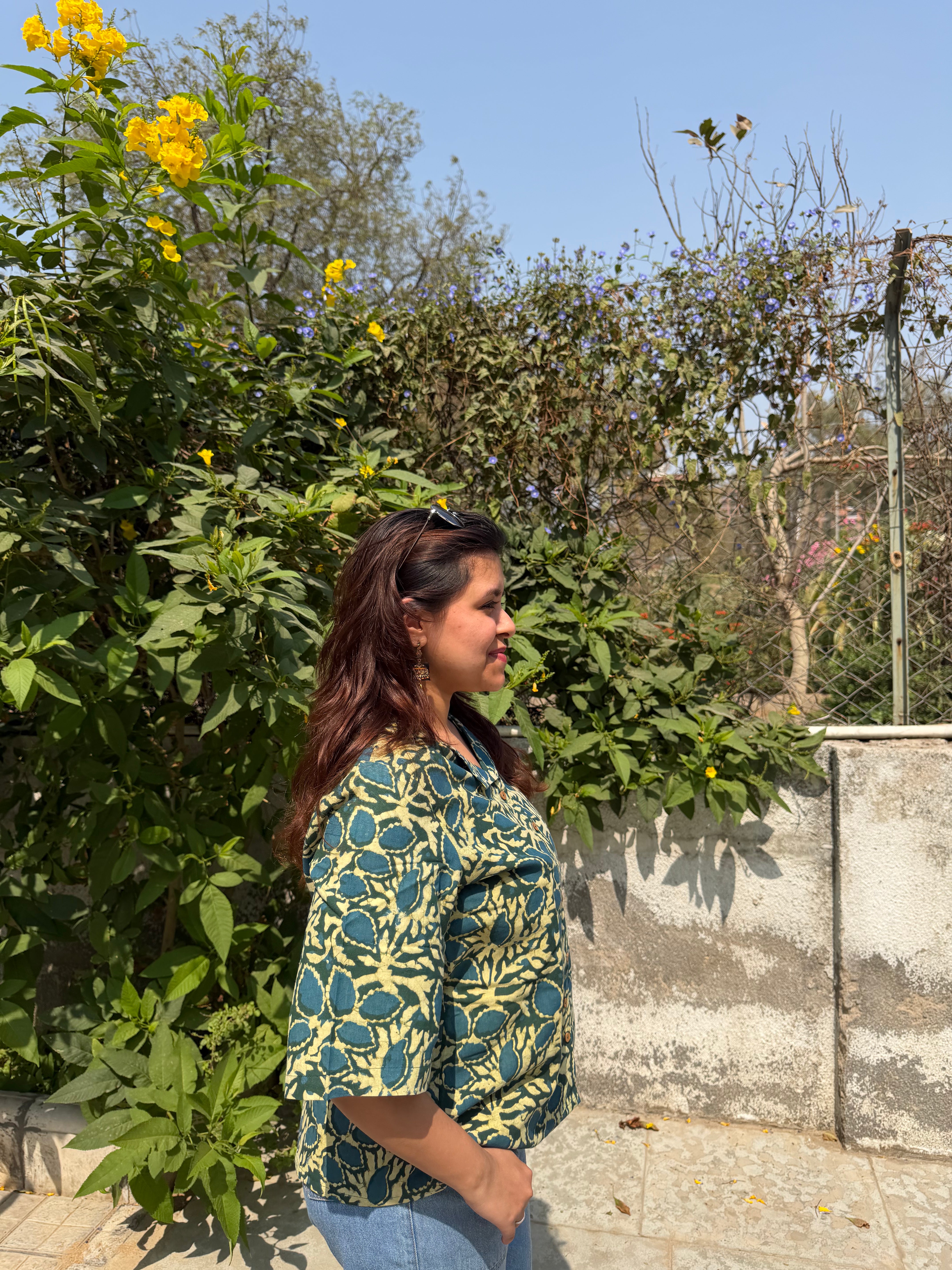 Handblock Khadi Top – Green & Blue | 24”
