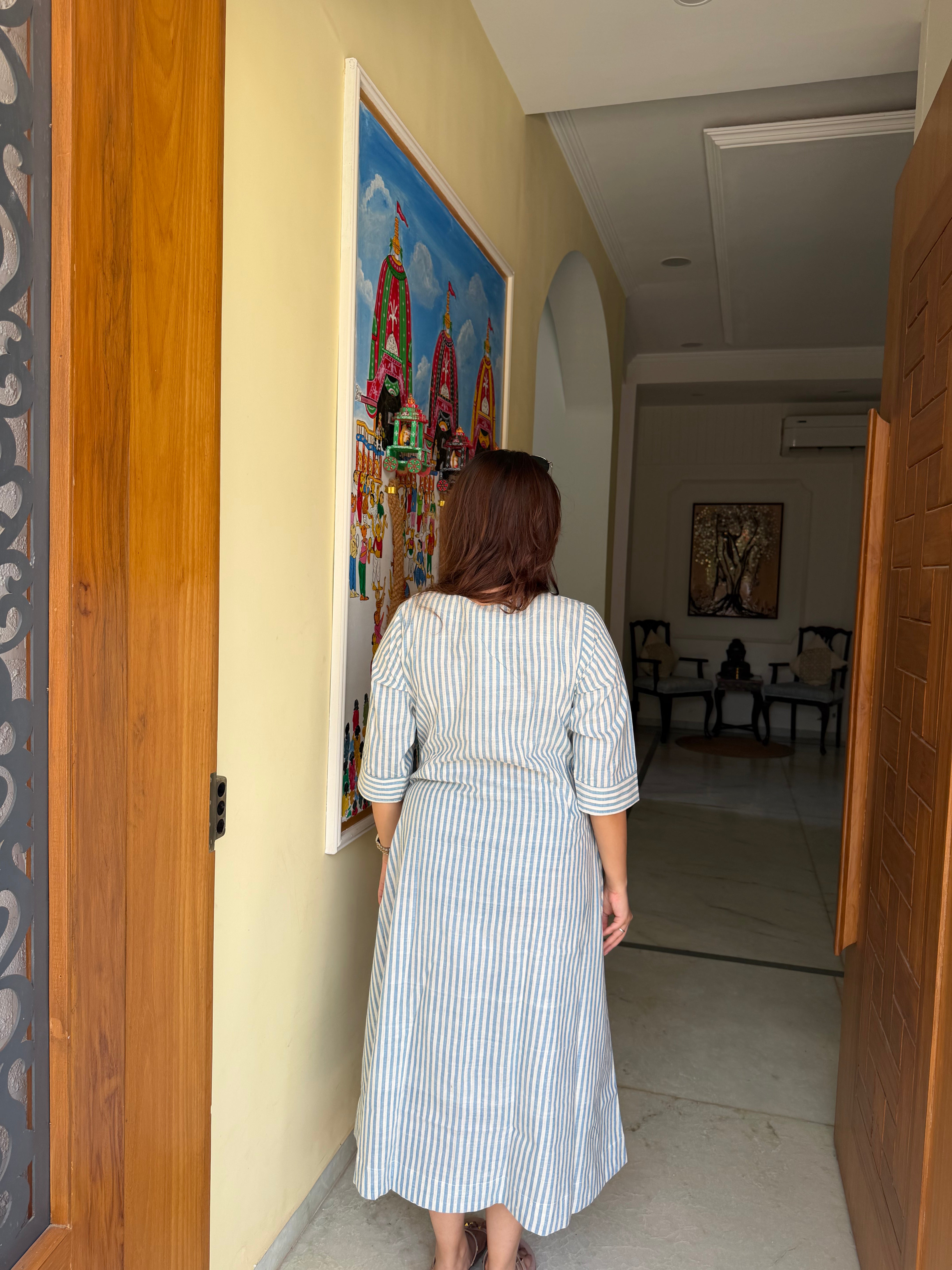 Light Blue & Off White Khadi Stripe One Piece Dress – 44”