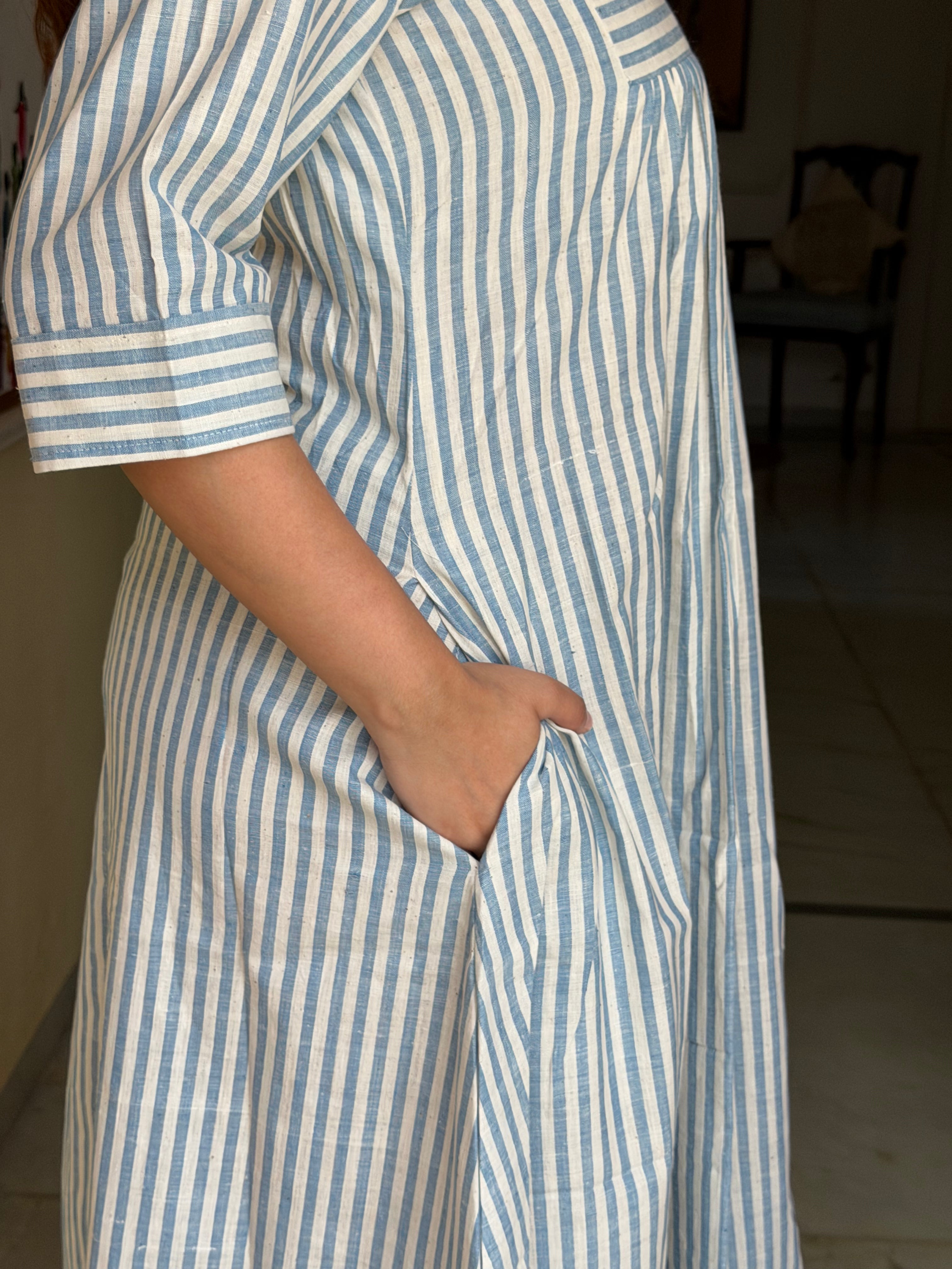 Light Blue & Off White Khadi Stripe One Piece Dress – 44”