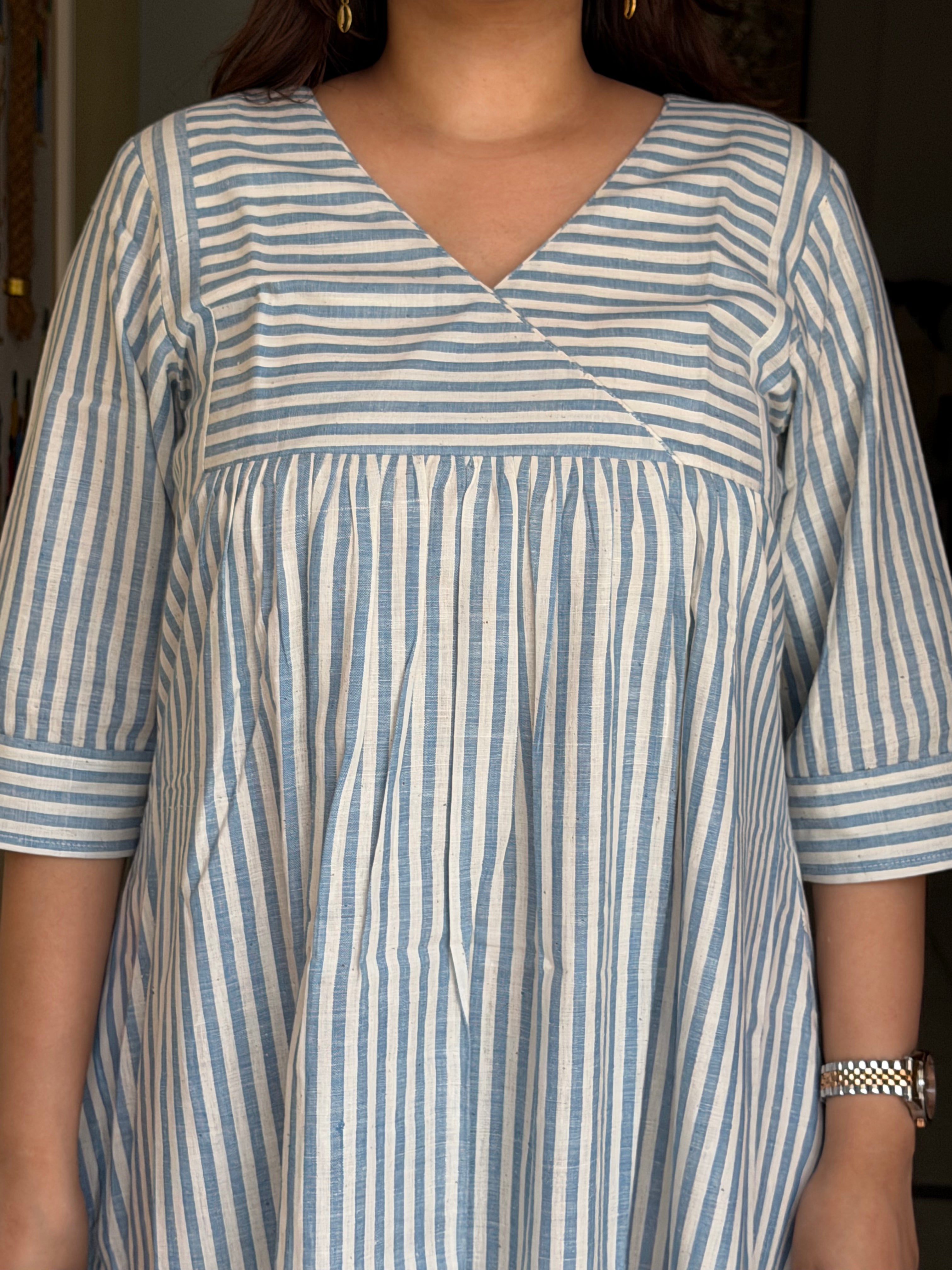 Light Blue & Off White Khadi Stripe One Piece Dress – 44”