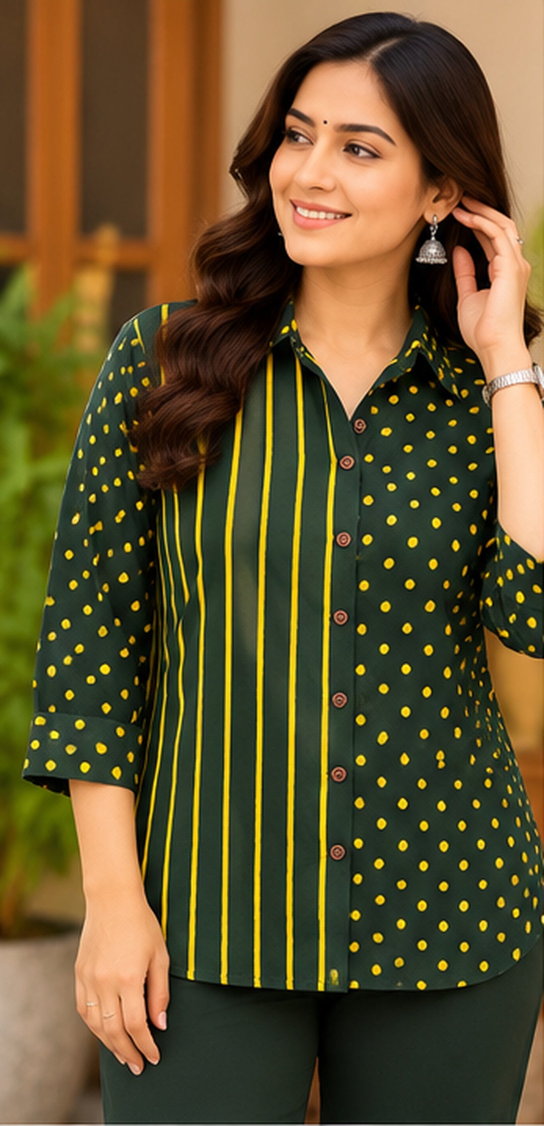 Green & Yellow Handblock Cotton Printed Women’s Shirt