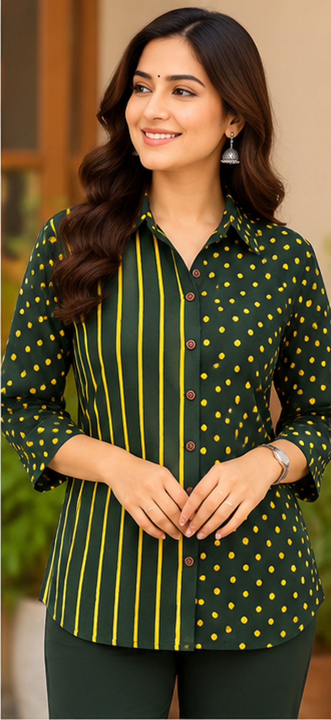 Green & Yellow Handblock Cotton Printed Women’s Shirt