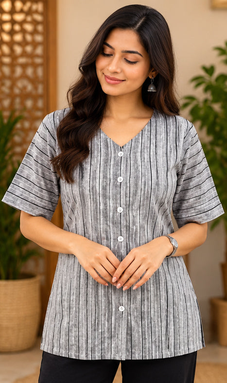 Women’s Grey Striped Shirt with V-Neck & Front Buttons
