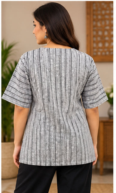 Women’s Grey Striped Shirt with V-Neck & Front Buttons