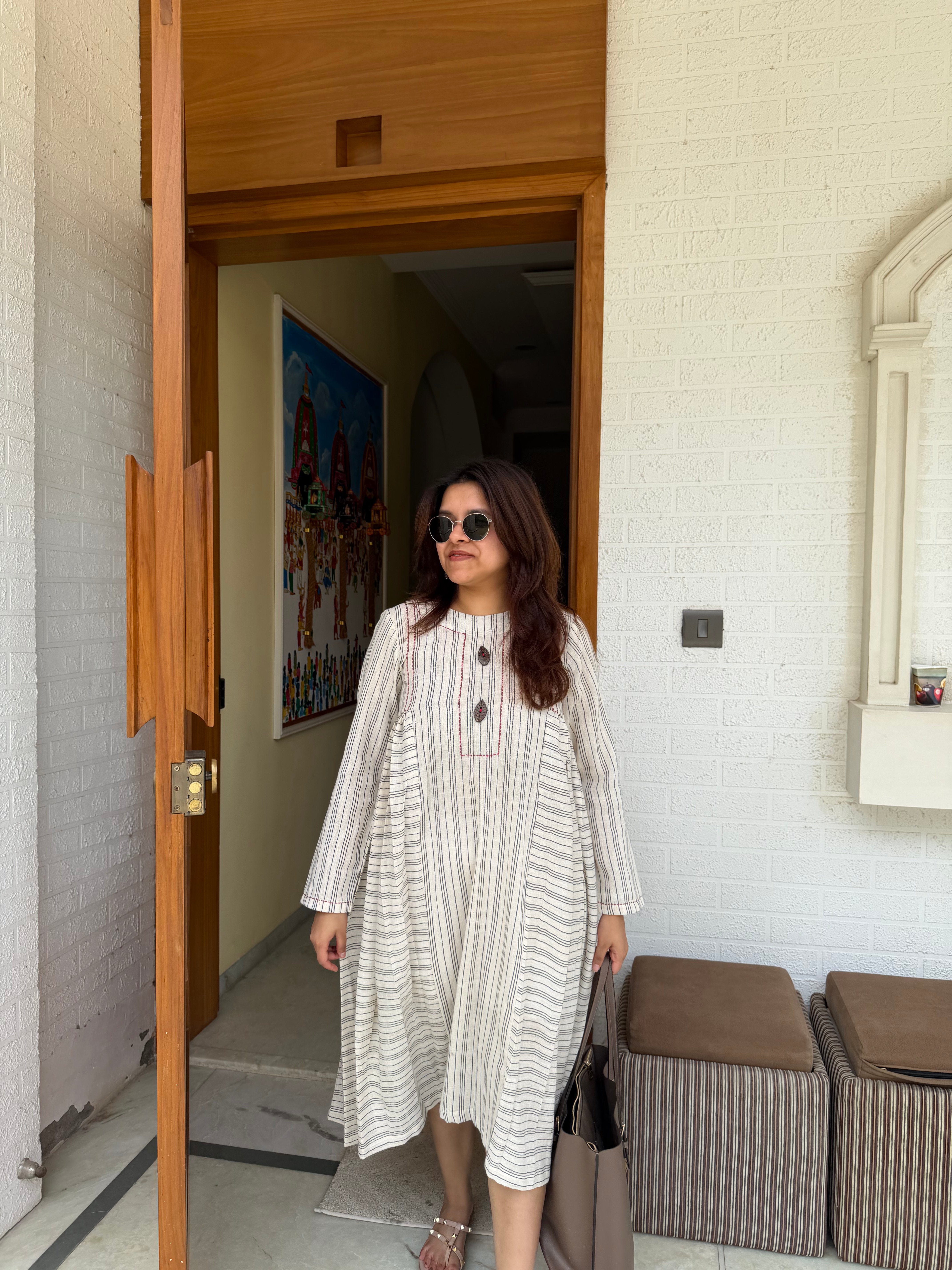 Kala Cotton Off White Striped Midi Dress for Women