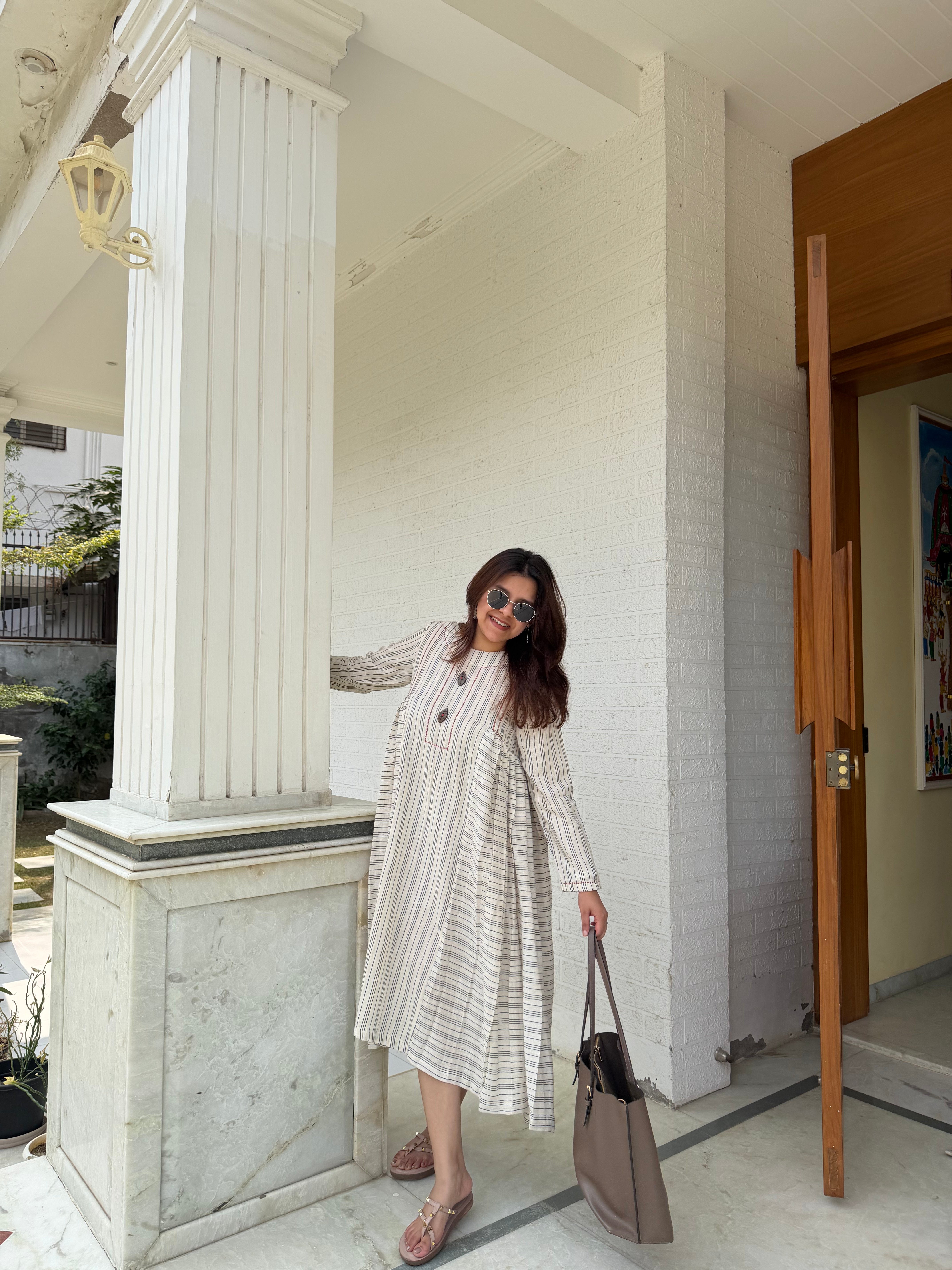 Kala Cotton Off White Striped Midi Dress for Women