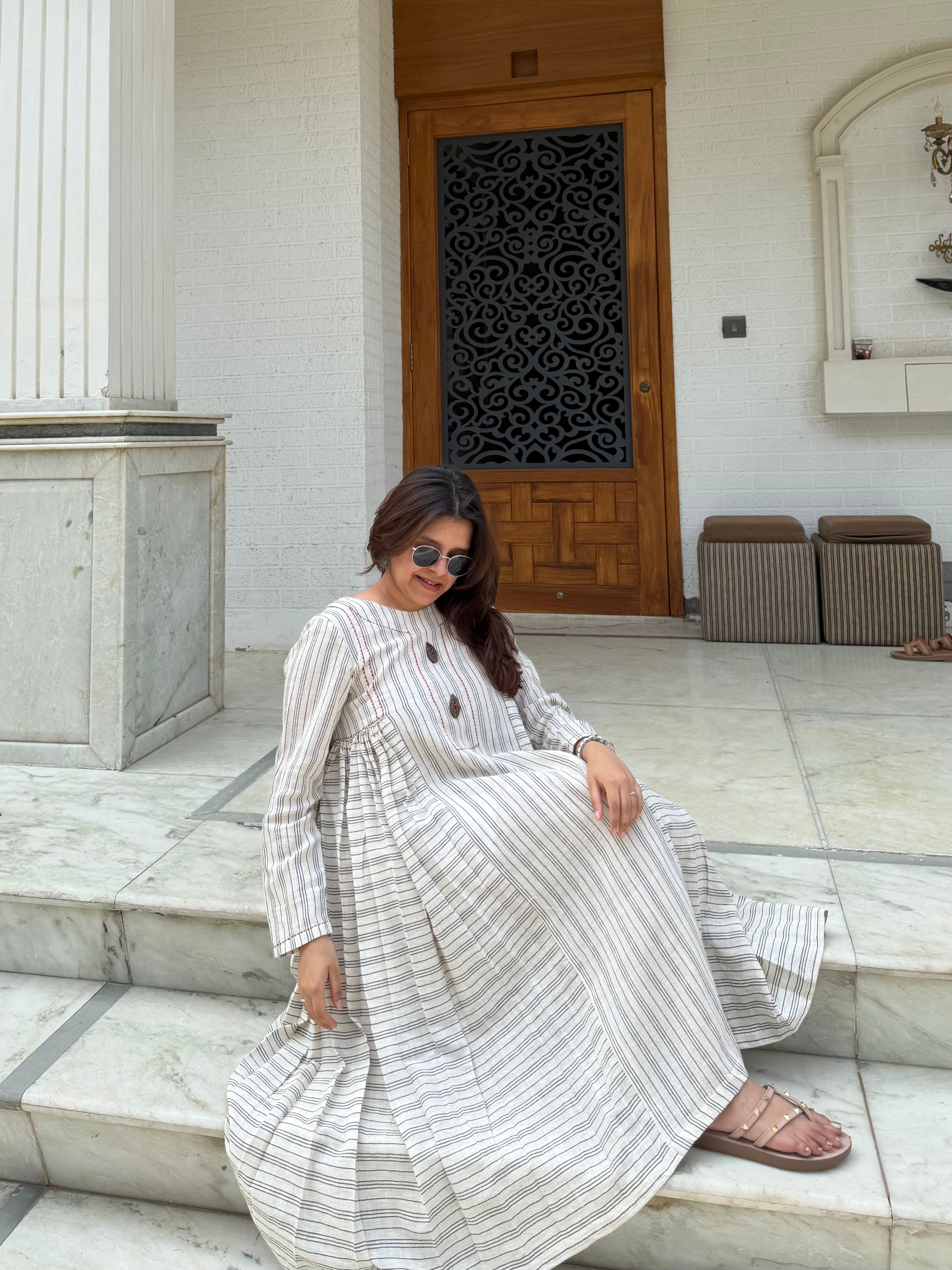 Kala Cotton Off White Striped Midi Dress for Women