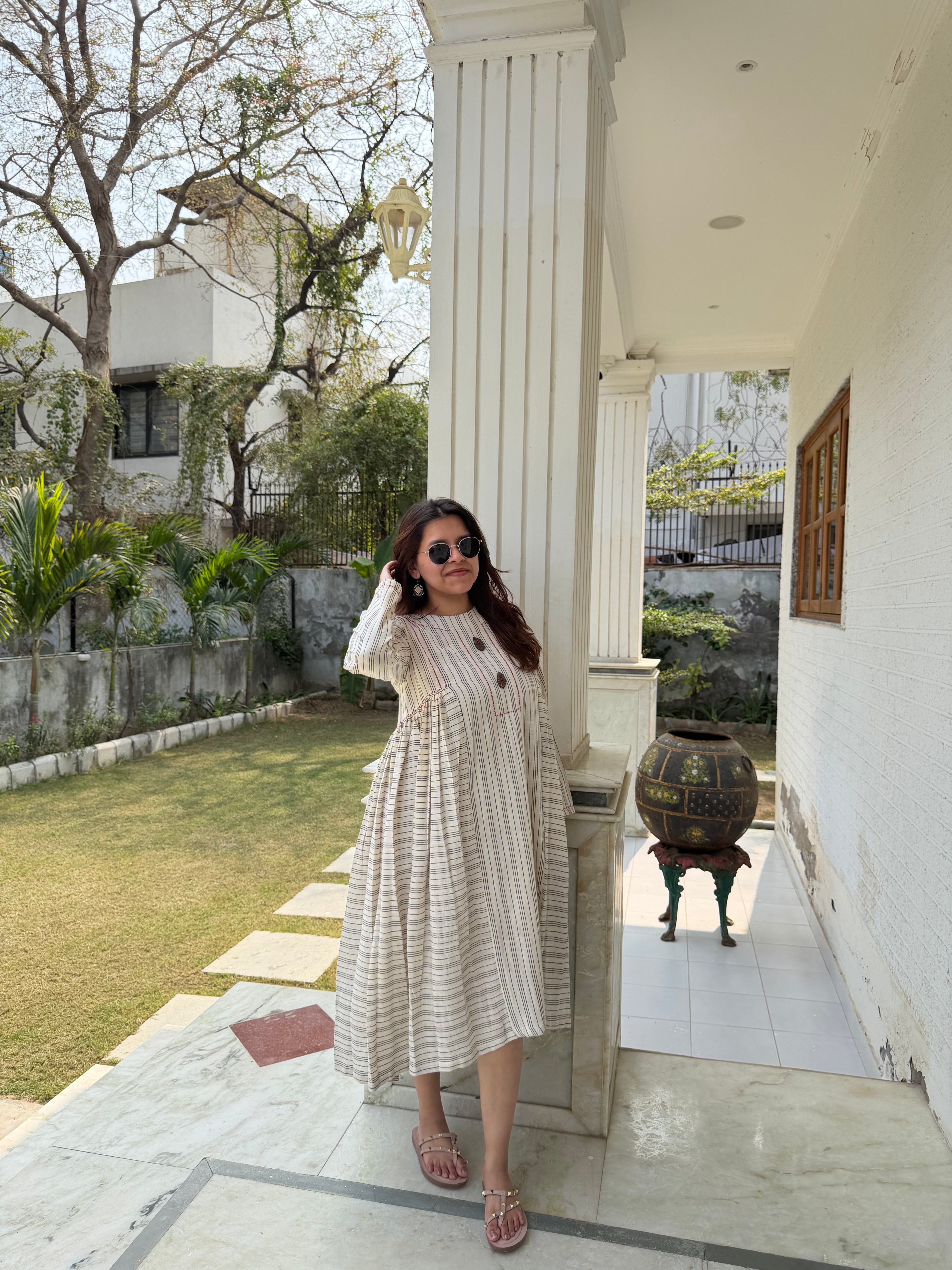 Kala Cotton Off White Striped Midi Dress for Women