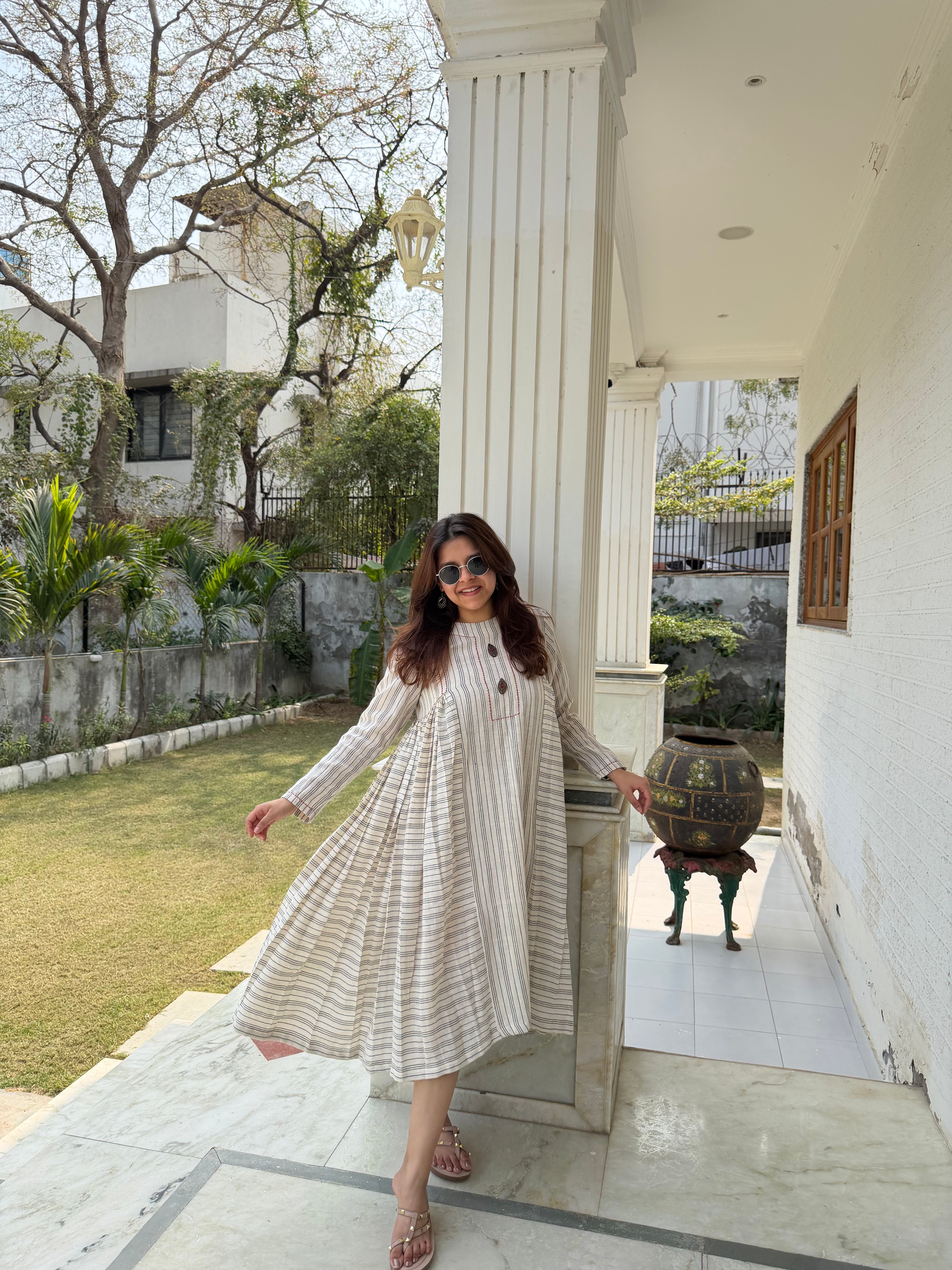 Kala Cotton Off White Striped Midi Dress for Women