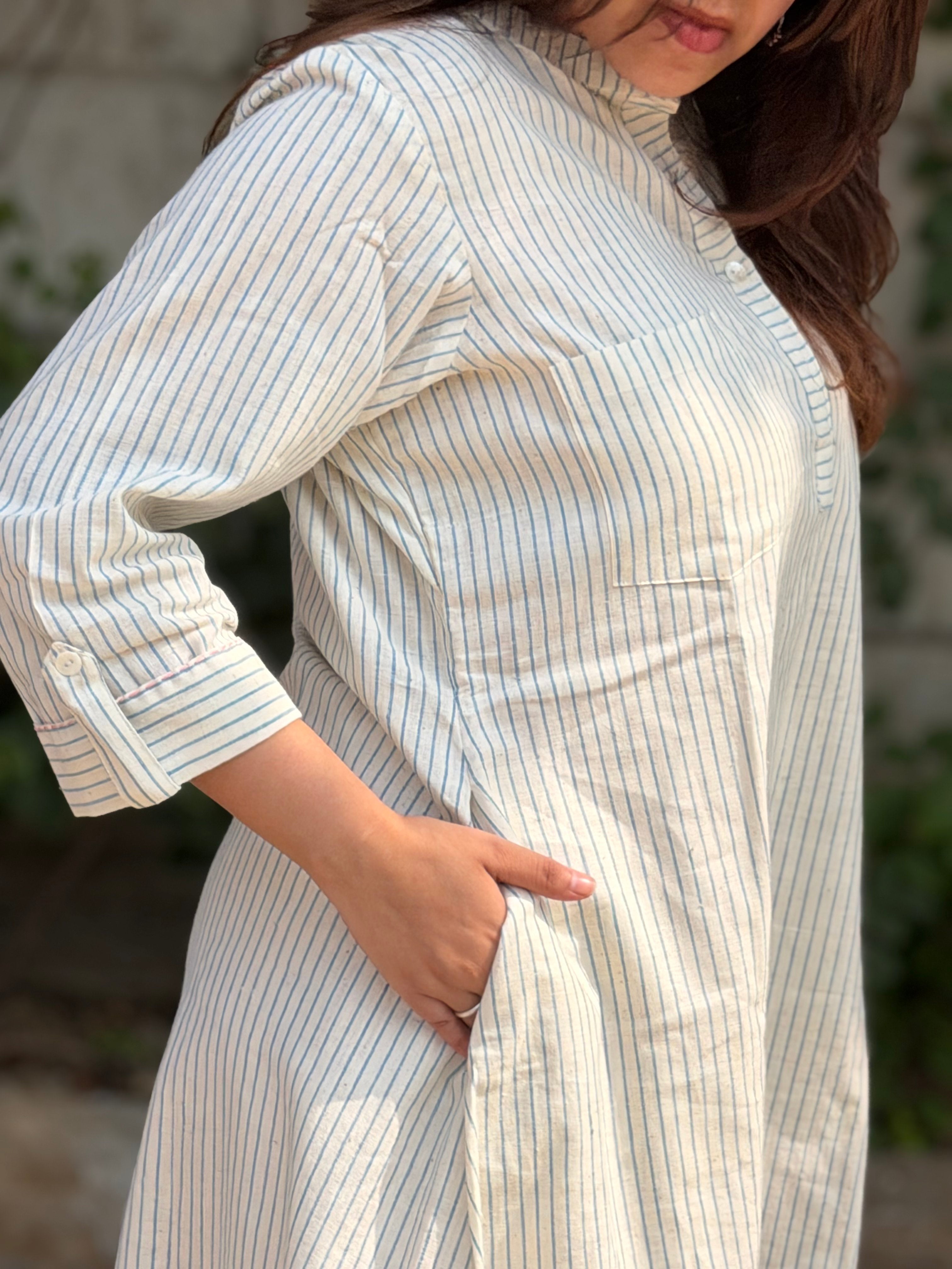 Khadi Off White & Blue Striped Tunic – 35”