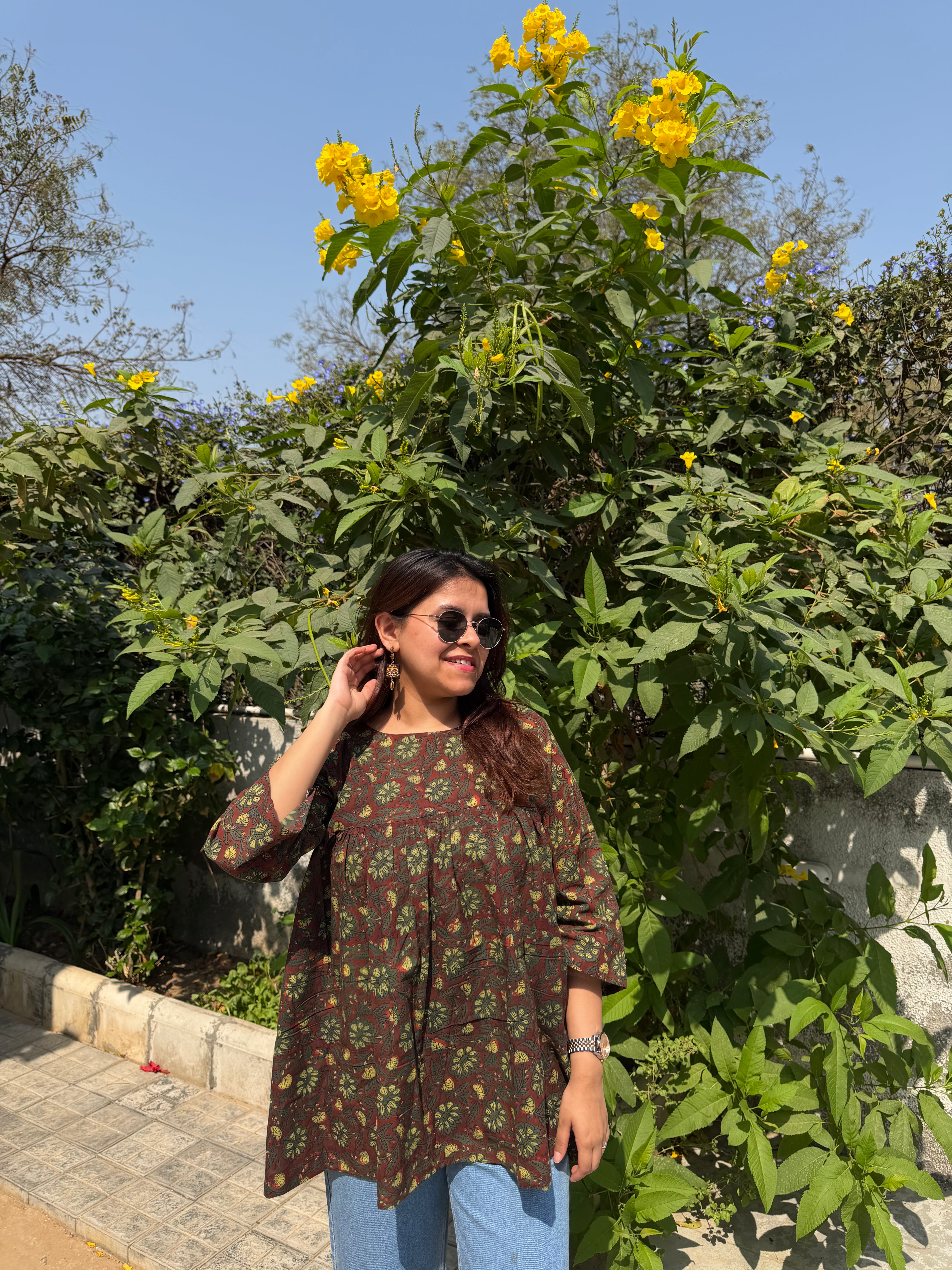 Hand Block Print Cotton Floral Top – Brown & Green | 28”