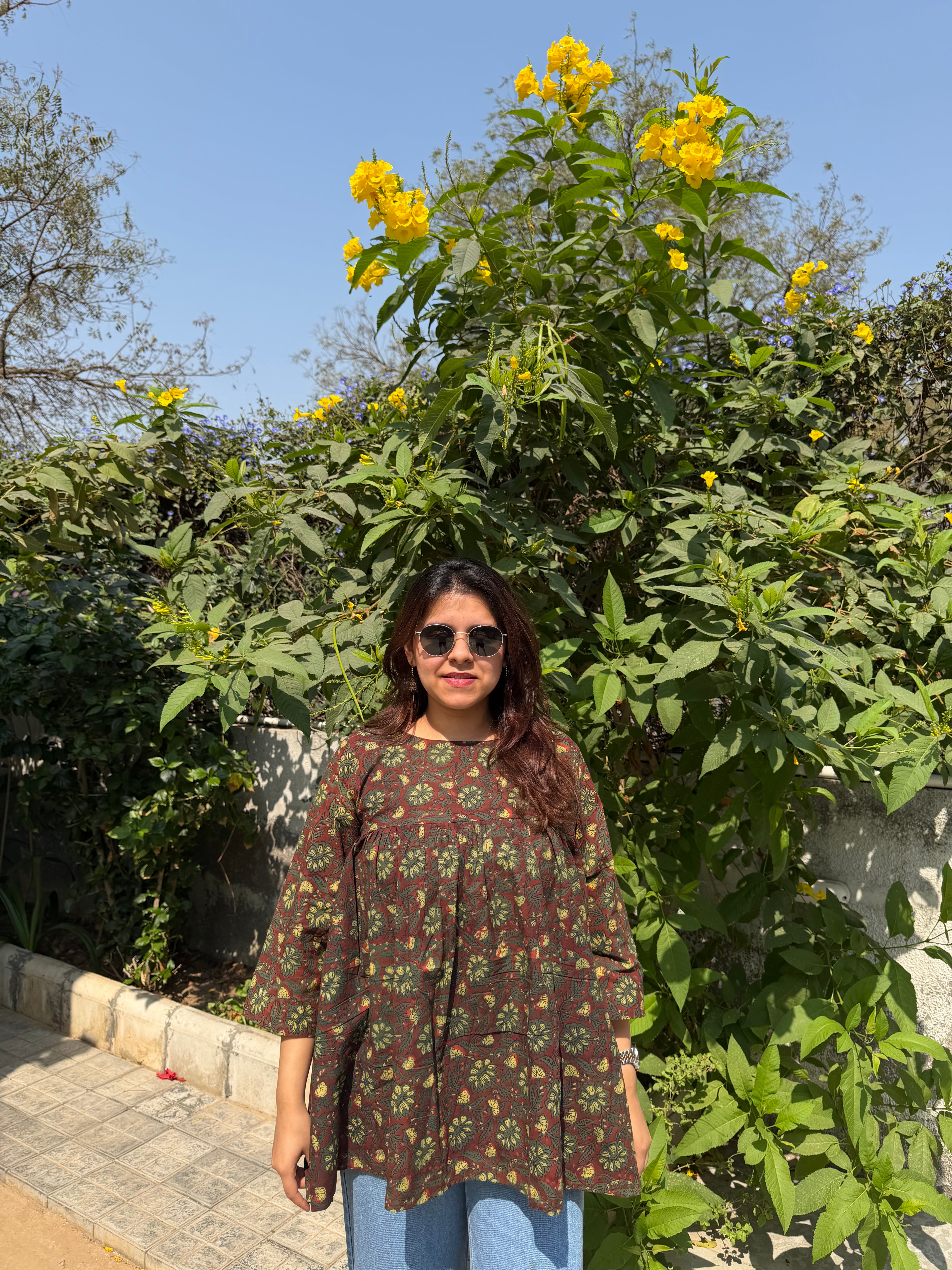 Hand Block Print Cotton Floral Top – Brown & Green | 28”