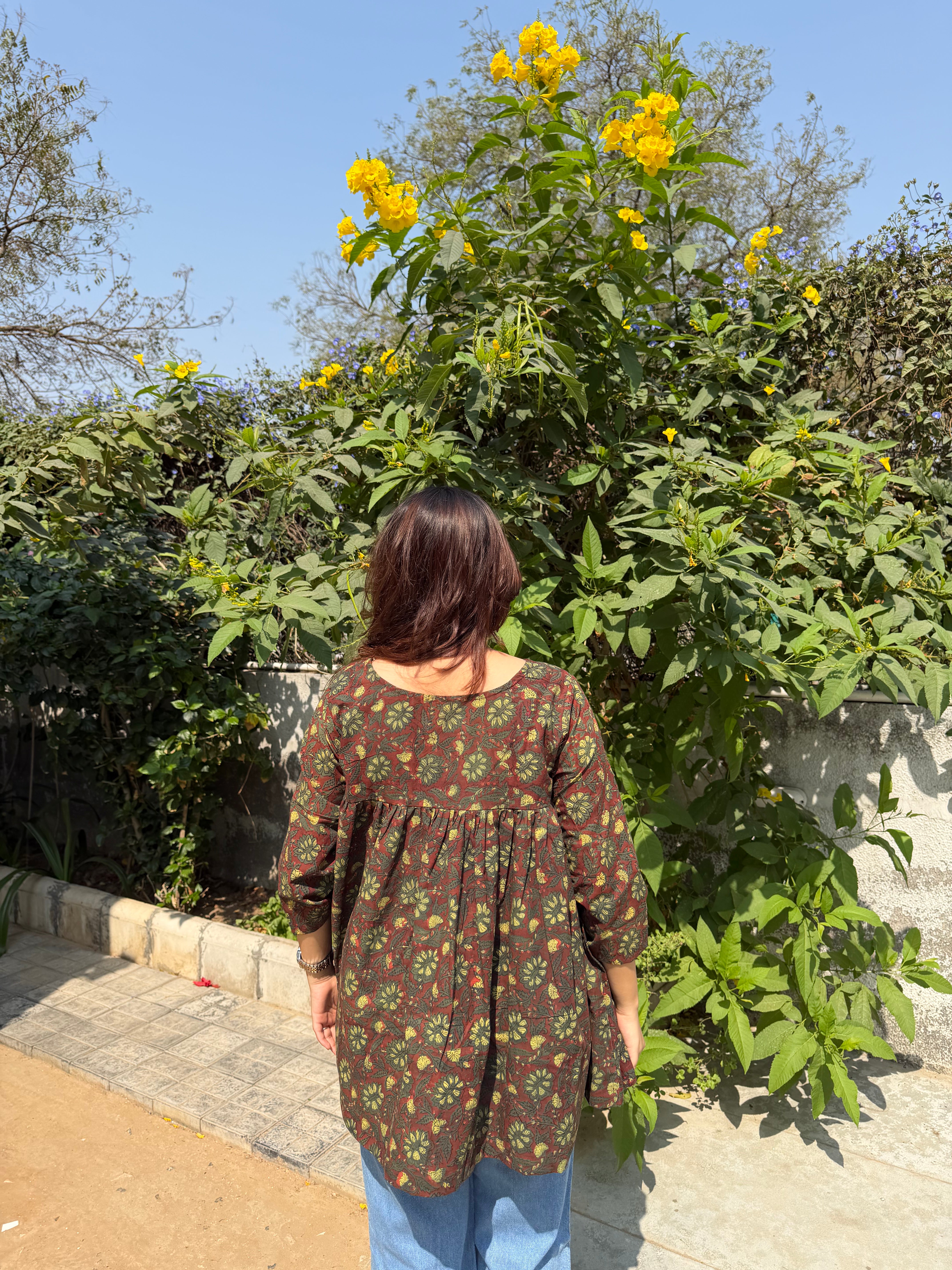 Hand Block Print Cotton Floral Top – Brown & Green | 28”