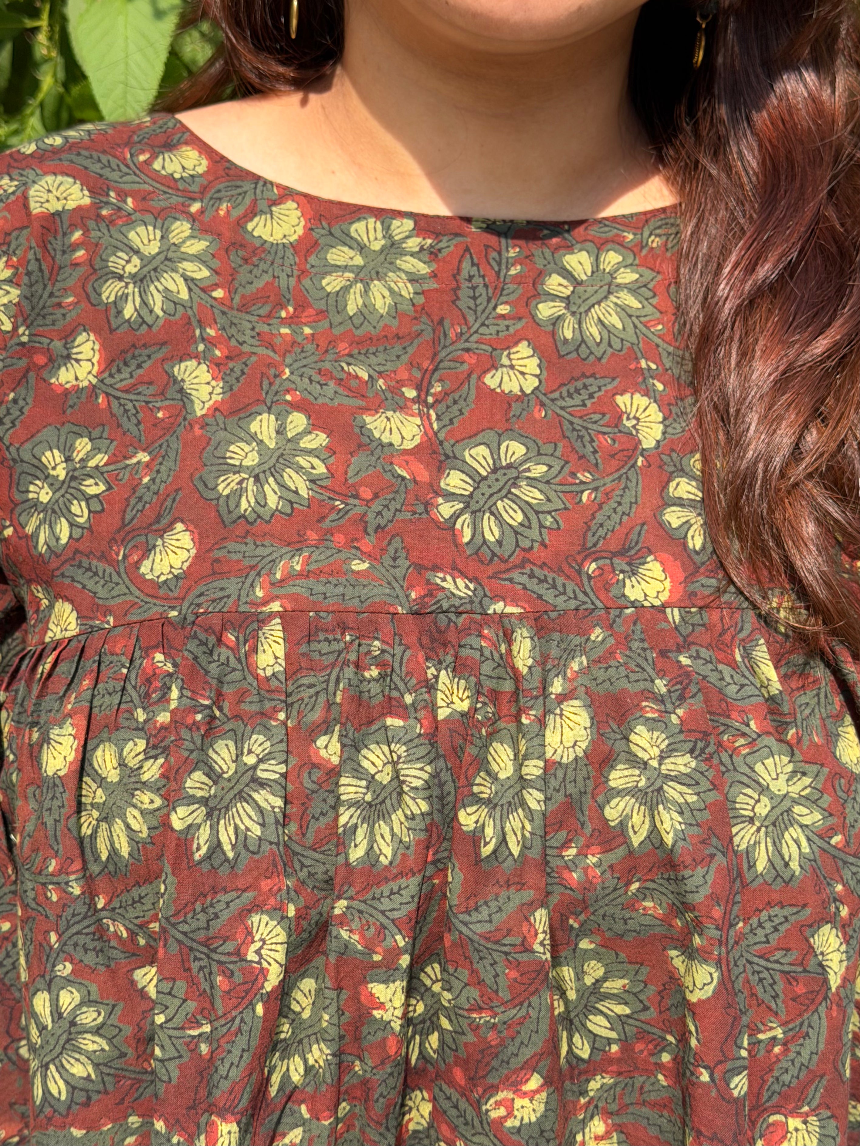 Hand Block Print Cotton Floral Top – Brown & Green | 28”