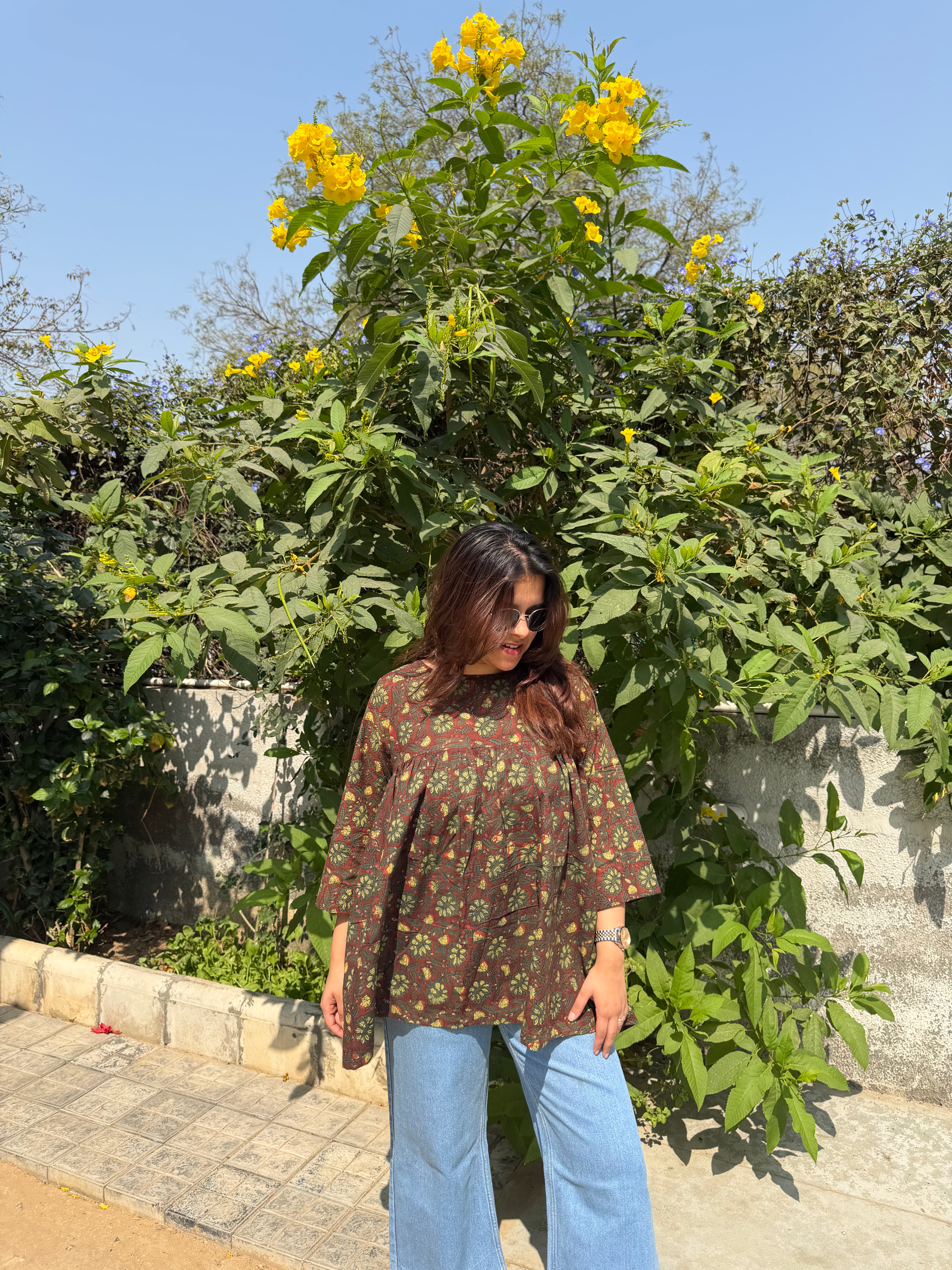 Hand Block Print Cotton Floral Top – Brown & Green | 28”