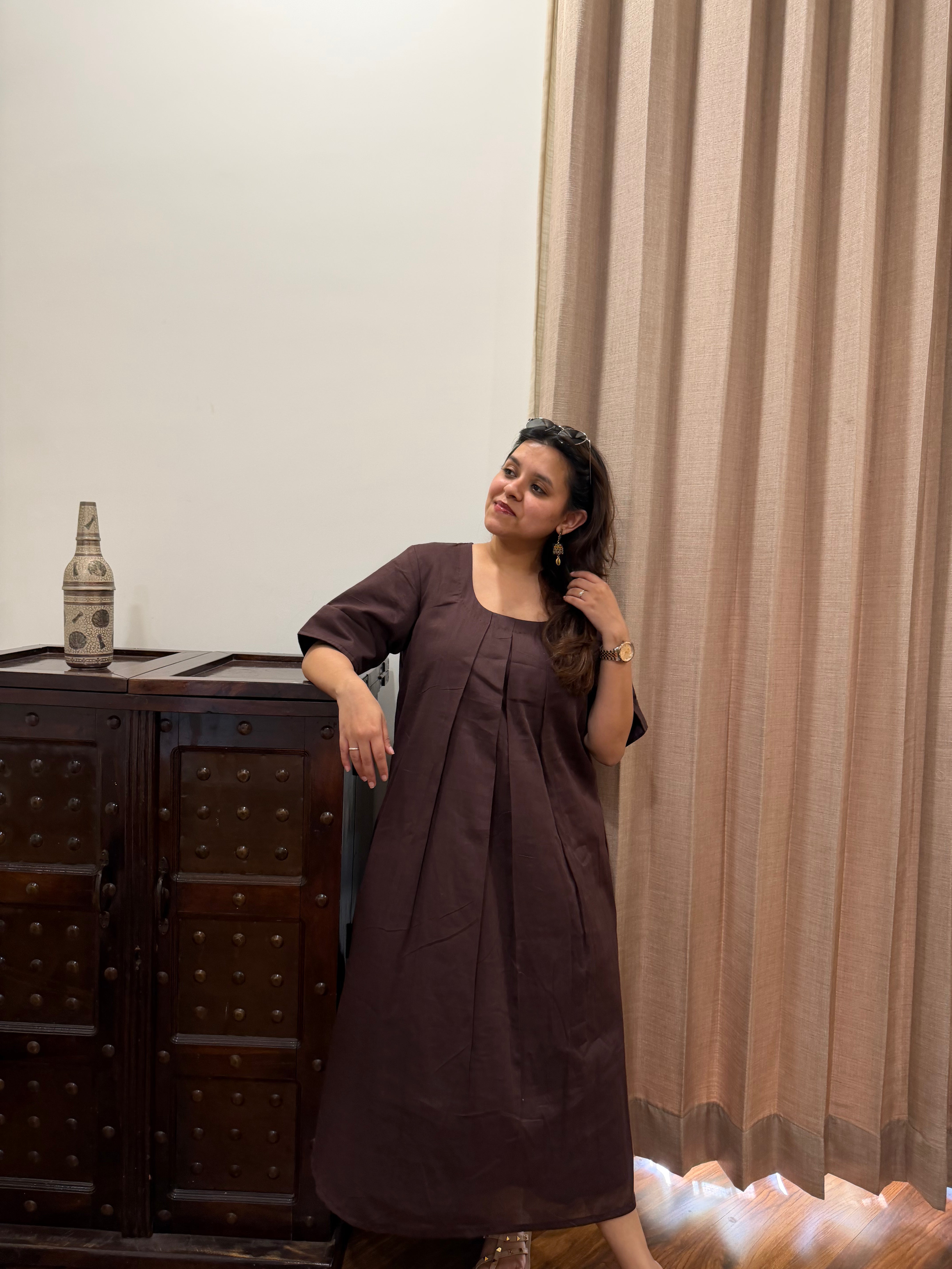 Coffee Brown Mul Cotton One Piece Dress