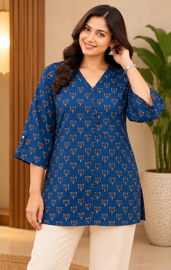 Premium Navy Blue Printed Modal Silk Free Size Top