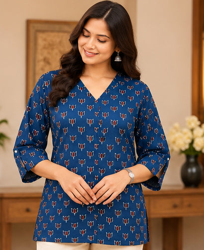 Premium Navy Blue Printed Modal Silk Free Size Top