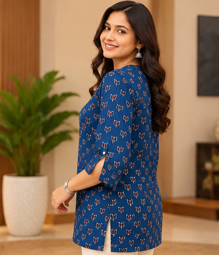 Premium Navy Blue Printed Modal Silk Free Size Top