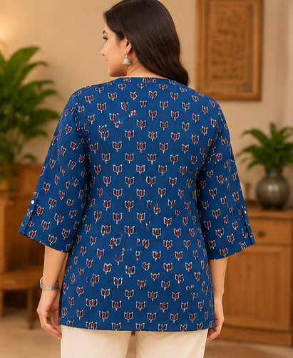 Premium Navy Blue Printed Modal Silk Free Size Top