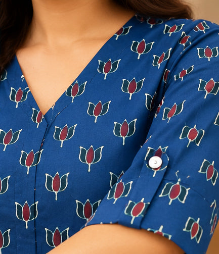 Premium Navy Blue Printed Modal Silk Free Size Top