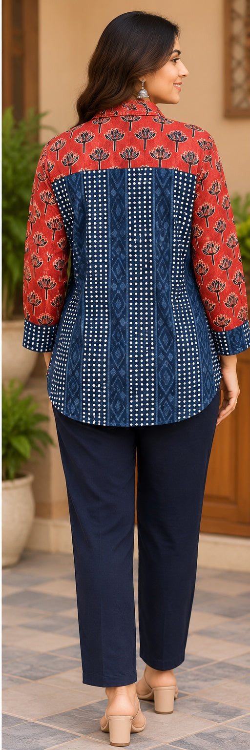 Red Floral Handblock Cotton Printed Shirt with Blue Contrast Back