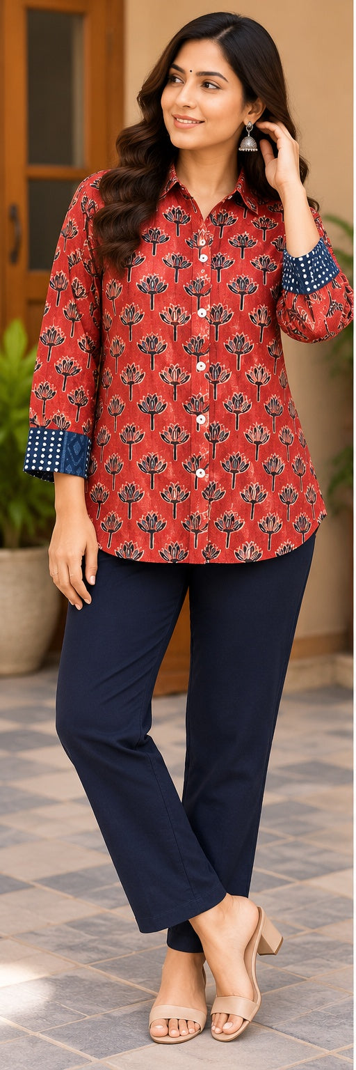 Red Floral Handblock Cotton Printed Shirt with Blue Contrast Back