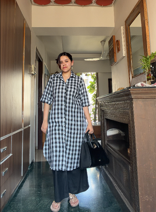 Pure Khadi Black & White Checkered Shirt Dress for Women