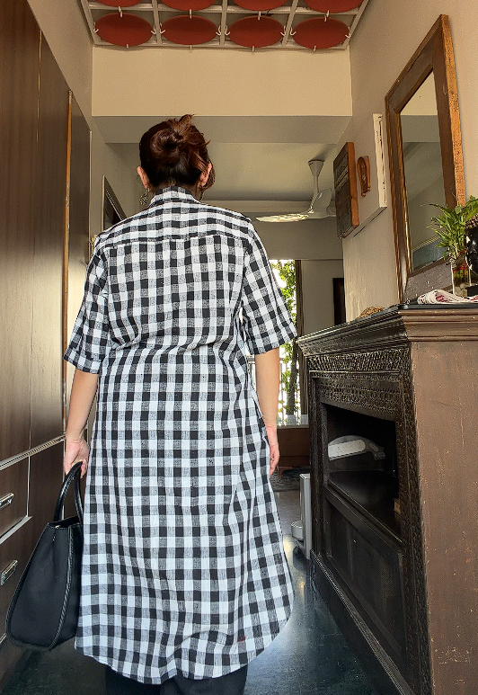 Pure Khadi Black & White Checkered Shirt Dress for Women