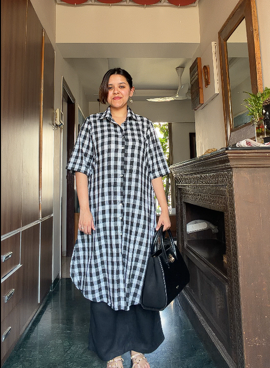 Pure Khadi Black & White Checkered Shirt Dress for Women