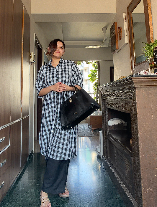 Pure Khadi Black & White Checkered Shirt Dress for Women