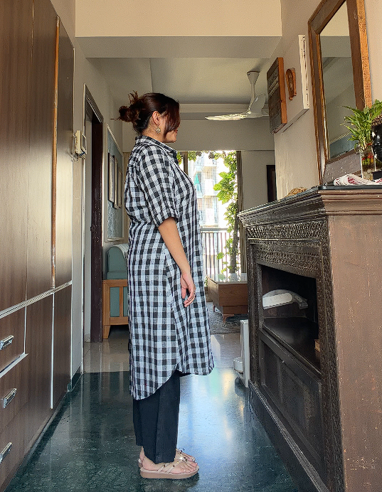 Pure Khadi Black & White Checkered Shirt Dress for Women