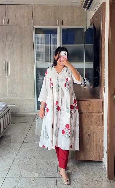 Handblock Cotton Floral Top White & Red