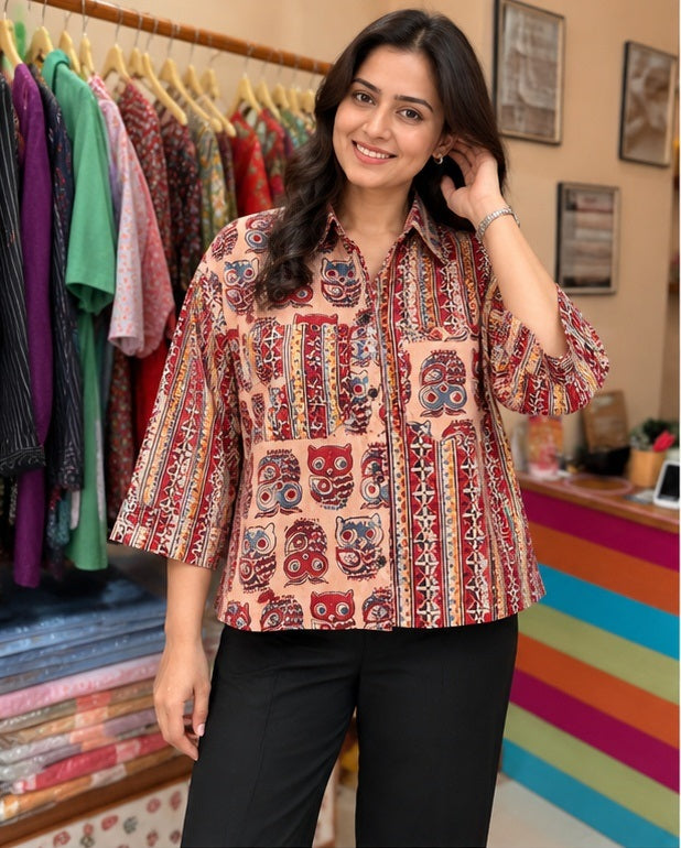 Women’s Multicolor Handblock Cotton Printed Button-Up Shirt