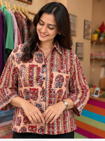 Women’s Multicolor Handblock Cotton Printed Button-Up Shirt