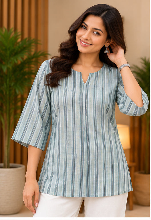 Premium Sage Green Striped Shirt with Lilen Notch Neckline