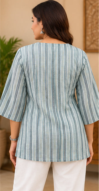 Premium Sage Green Striped Shirt with Lilen Notch Neckline