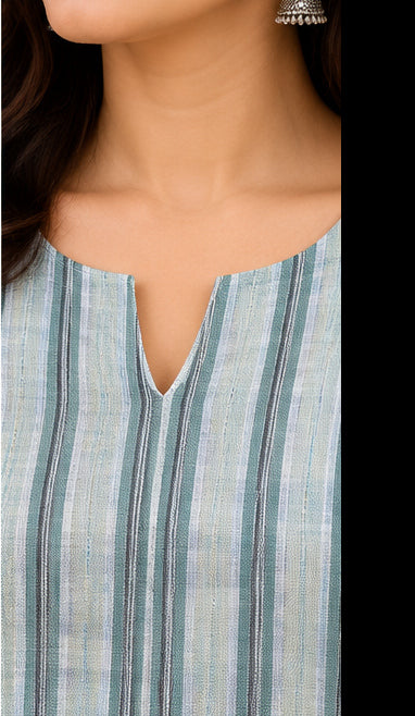 Premium Sage Green Striped Shirt with Lilen Notch Neckline
